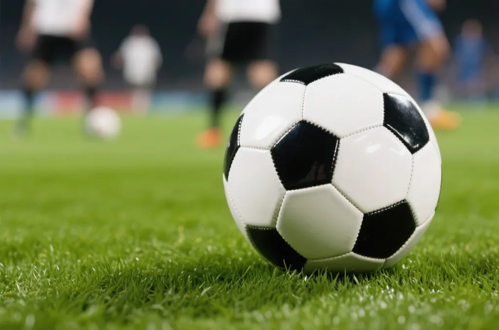 Close-up of a soccer ball on the pitch grass with players blurred in the background
